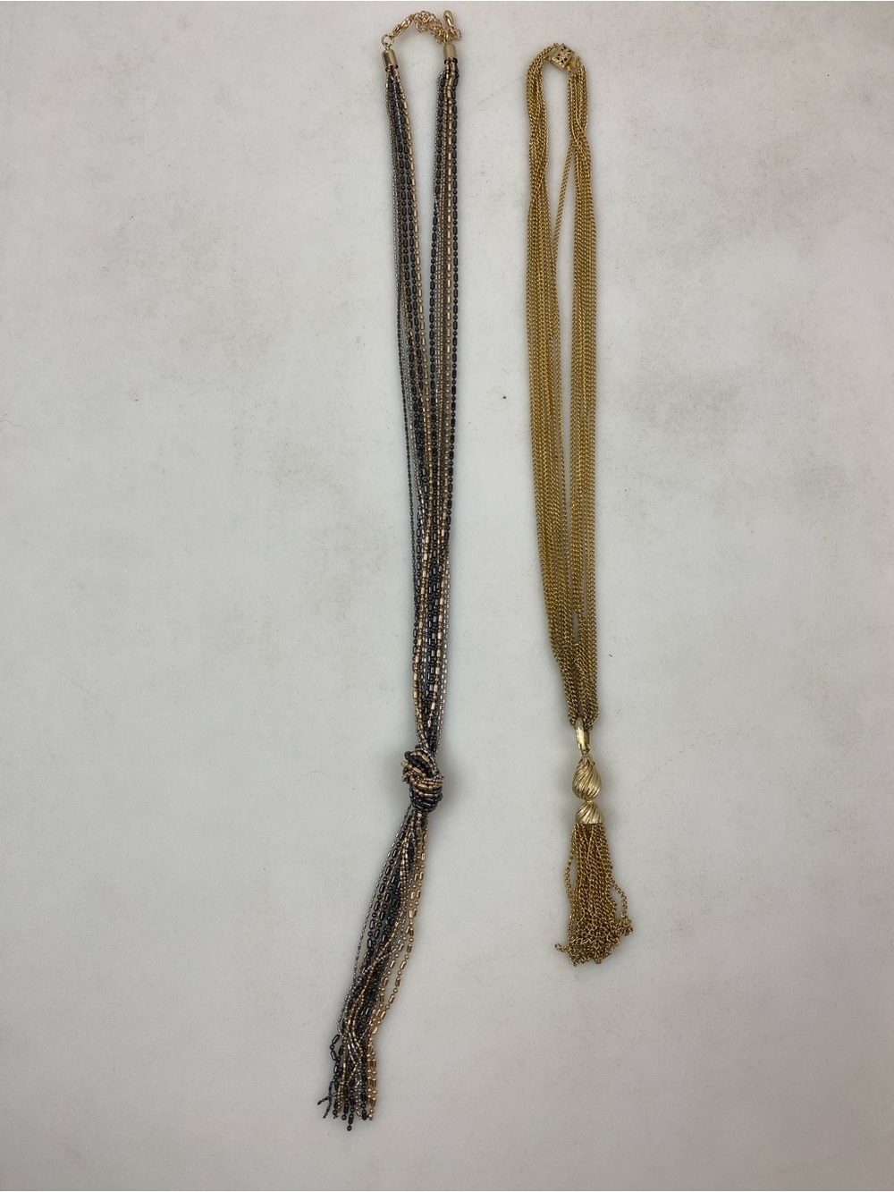 Lot of 2 Gold Tone Tassel Statement Necklaces